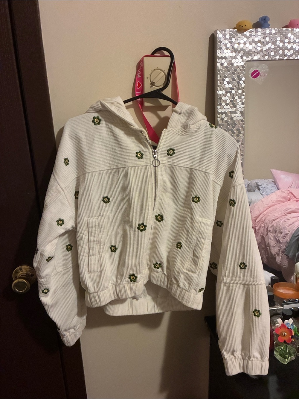 Cream Corduroy Zip Hoodie with Green Floral Embroidery